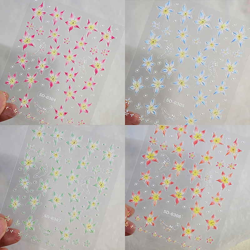 Colorful Lily Flower Nail Sticker Relief 3D Jelly Five Petal Flower Nail Art Decoration Decals DIY Self Adhesive Sliders