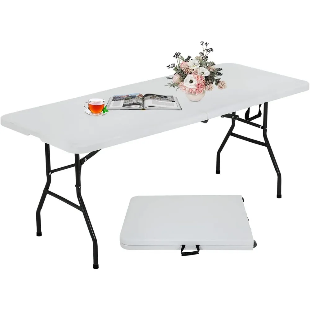 

6FT Folding Table, Heavy Duty Plastic Table Portable Fold-in-Half Utility Table Indoor Outdoor Picnic Table w/Handle & Lock for