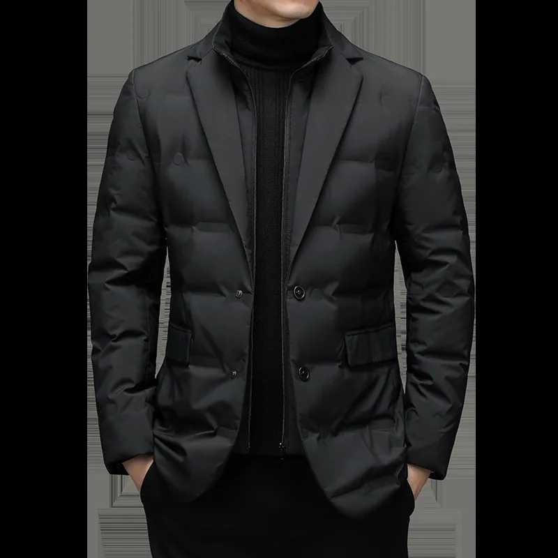 Chaqueta de plumón con cuello alto para hombre, blazer cálido falso de dos piezas para negocios y ocio, novedad de invierno, 2024