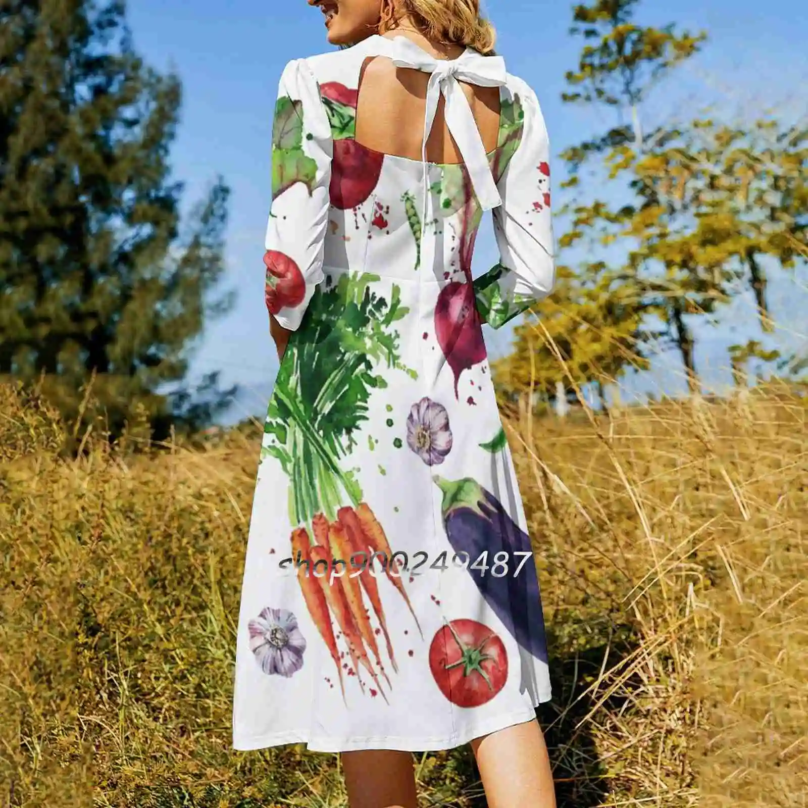 Vegetable Set Watercolor Illustration Sweetheart Knot Flared Dress Fashion Design Large Size Loose Dress Vegetables Greens