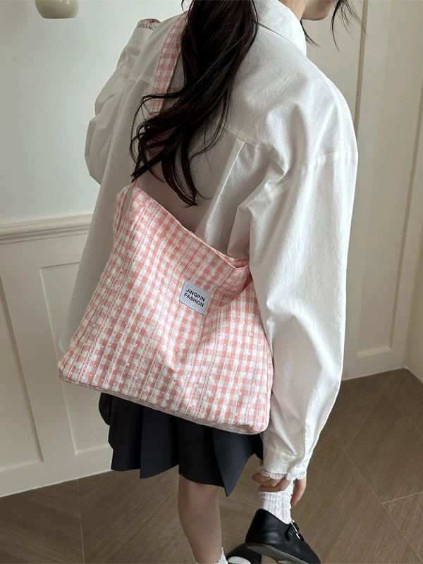 Korean Style Retro Plaid Large Capacity Shoulder Bag Casual Artistic Women's Tote Bag Commuter Underarm Bag Soft PU Leather