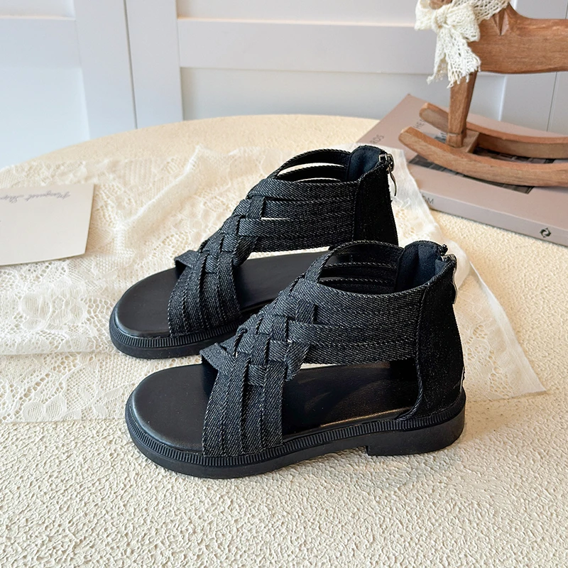 Picture 4: Trendy Denim Woven Sandals for Girls  Braided Jean Shoes Big Kids Outdoor & Daily Casual Sandals for Big Kids