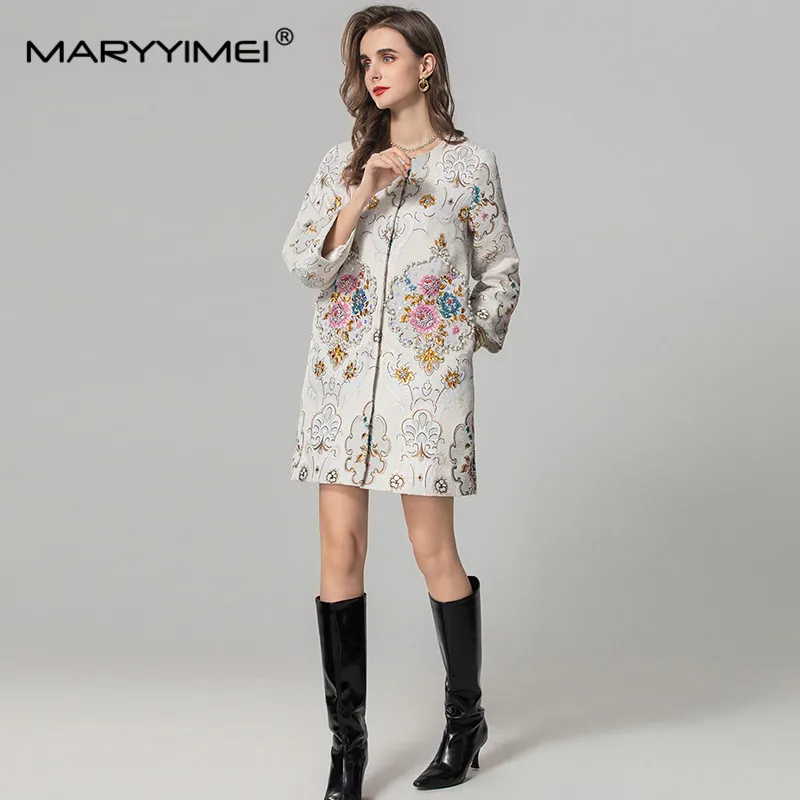 MARYYIMEI Autumn and winter New Style Vintage Designer Coat Jacquard Long-Sleeved Single-Breasted Beading Sequins Short Overcoat