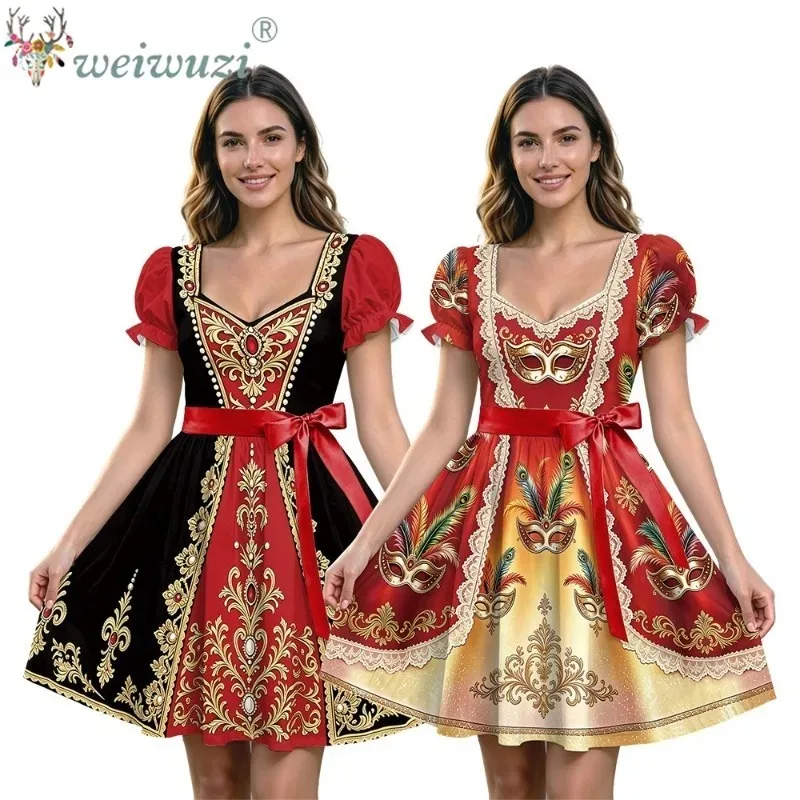Vestido de Disfraz Vintage para Mujer, Estilo Carnaval, con Mangas Cortas Abullonadas, Cuello en V, Ribete de Encaje, Corte en A, para Fiesta Veneciana o Juego de Roles