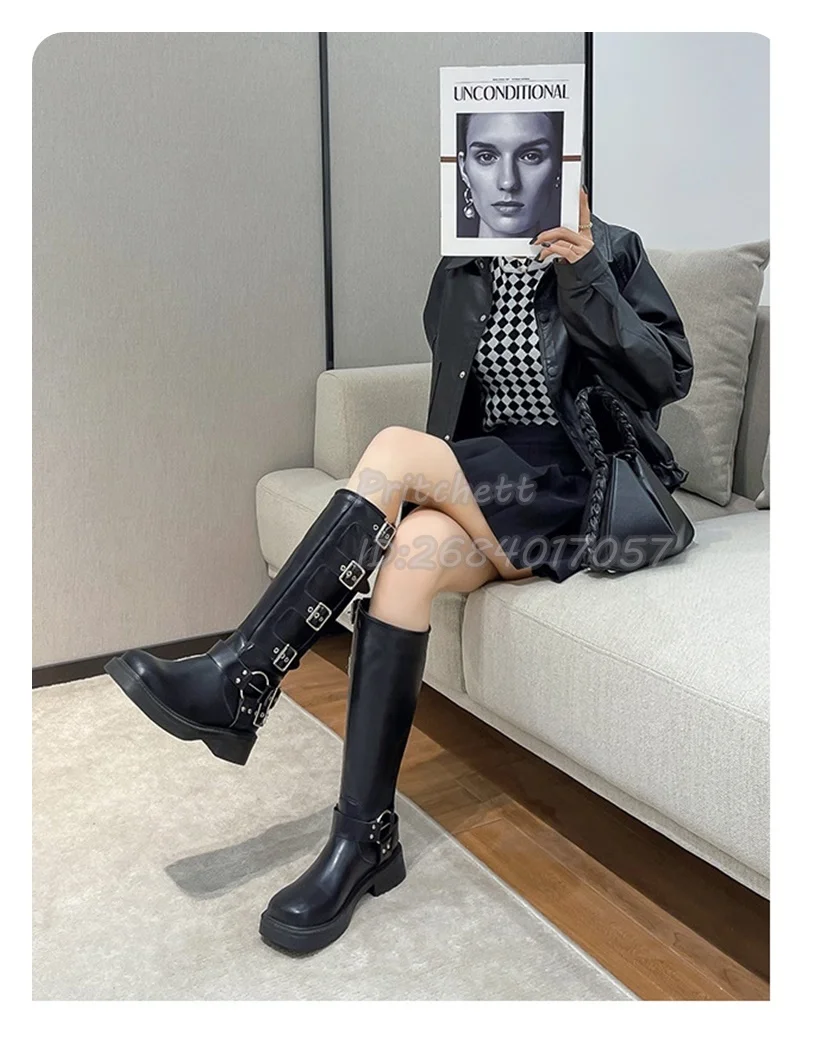 

Black Leather Square Toe Knee-High Boots For Women Shoes Blackles Flats Cowboy Boots Vintage Outdoors Autumn 2024 New Arrivals