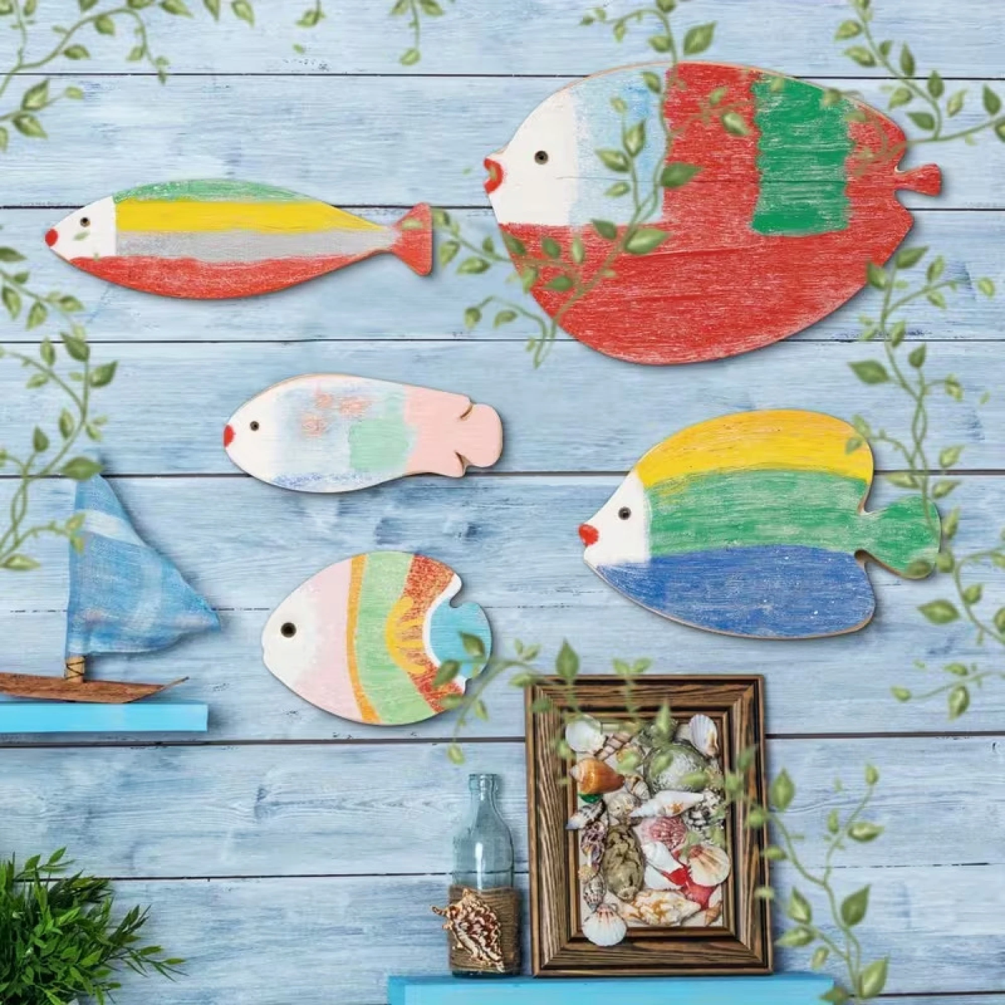 5 Pcs Wooden Flat Fish Wall Art Set Rustic Ocean Theme Wall Decor for Home Living Room Bedroom