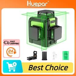 Huepar Professional 12-Line 3D Cross Line Laser Level with Self-Leveling, 360° Vertical and Horizontal, and Osram Green Laser