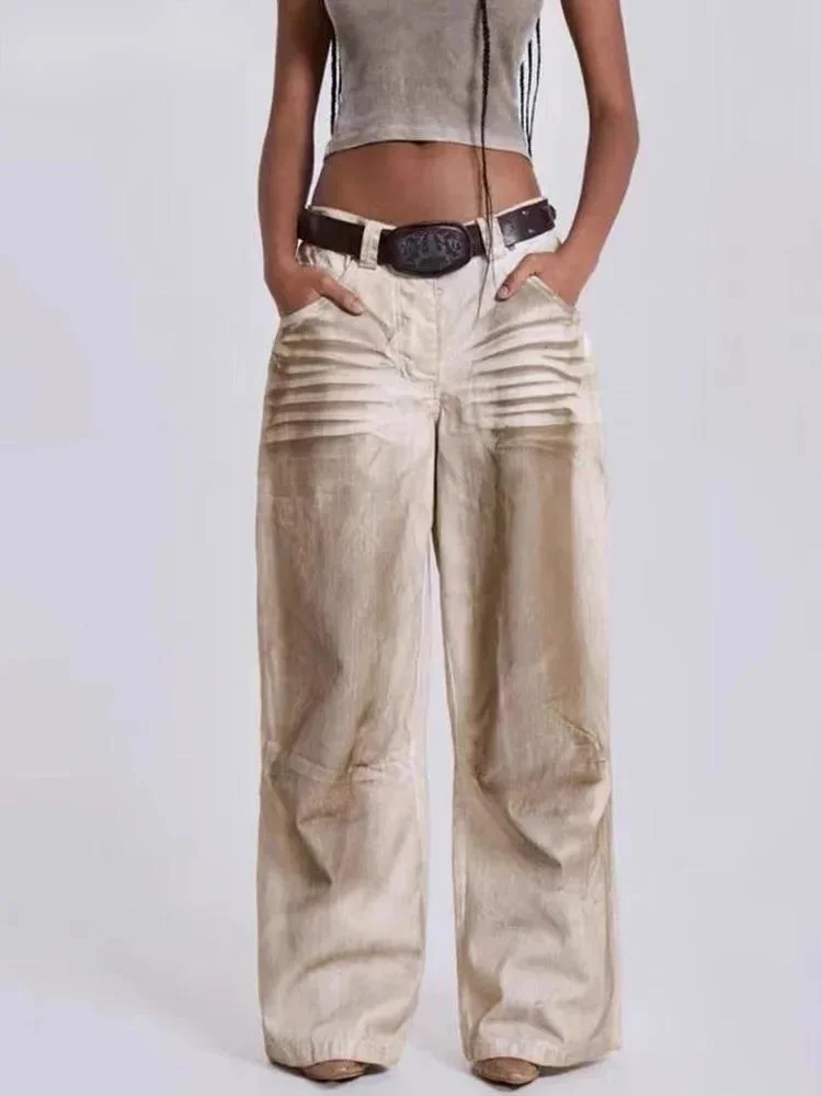 Fashion Dirty Dyed Jeans Women's High Waist Loose Straight Wide Leg Denim Pants Summer New D5XS