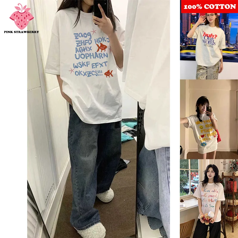 

Korean style Letter Print T-shirt Women's Summer 2025 New 100% Cotton Short Sleeve round Neck T-shirt Casual Y2k Top lovely Girl