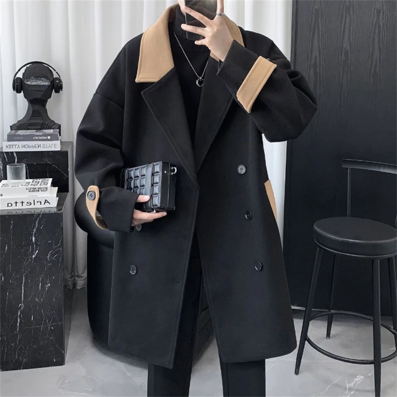 Black Woolen Coat Men Autumn Winter Long Coats Casual Turn Down Collar Outerwear Korean High Street Coats Men 2023