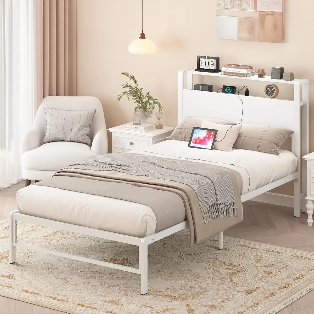 

Twin Bed Frames with Charging Station, 2 Tiers Storage Headboard Twin Sized Bed No Box Spring Needed Heavy Duty Metal Platform,