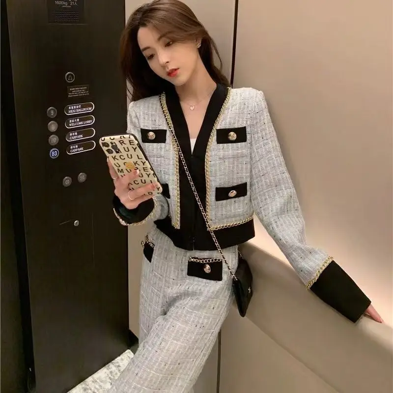 fashion Small fragrance v-neck women 2 pcs set long sleeve elegant pants suits 2024 spring korean chic niche simple two-piece