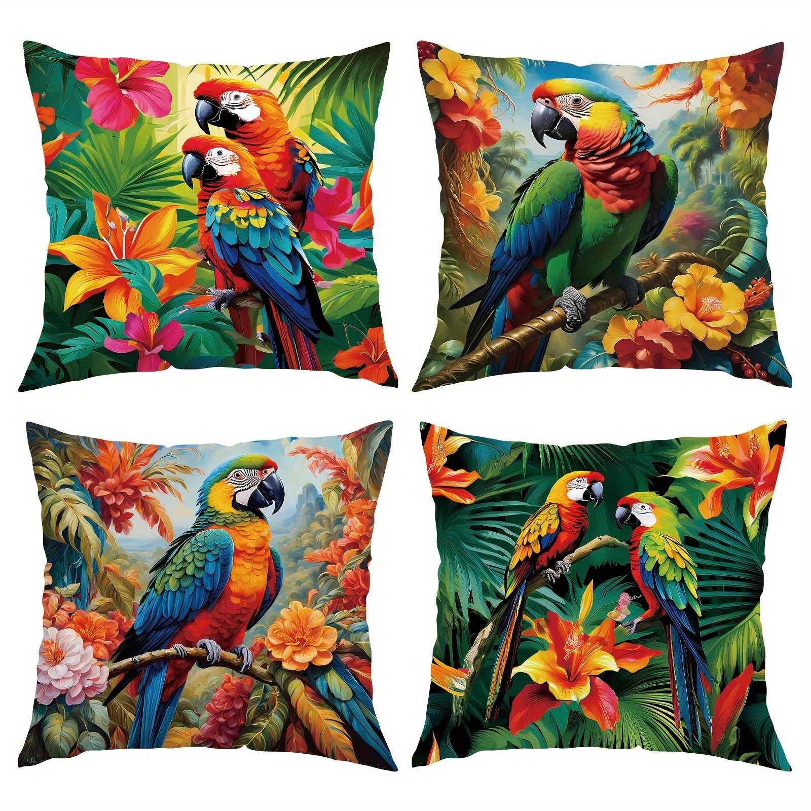 Vivid Parrot & Tropical Floral PillowcasesLiving Room Sofa Cushion Cover, Soft and Comfortable, Bedroom Room Decoration