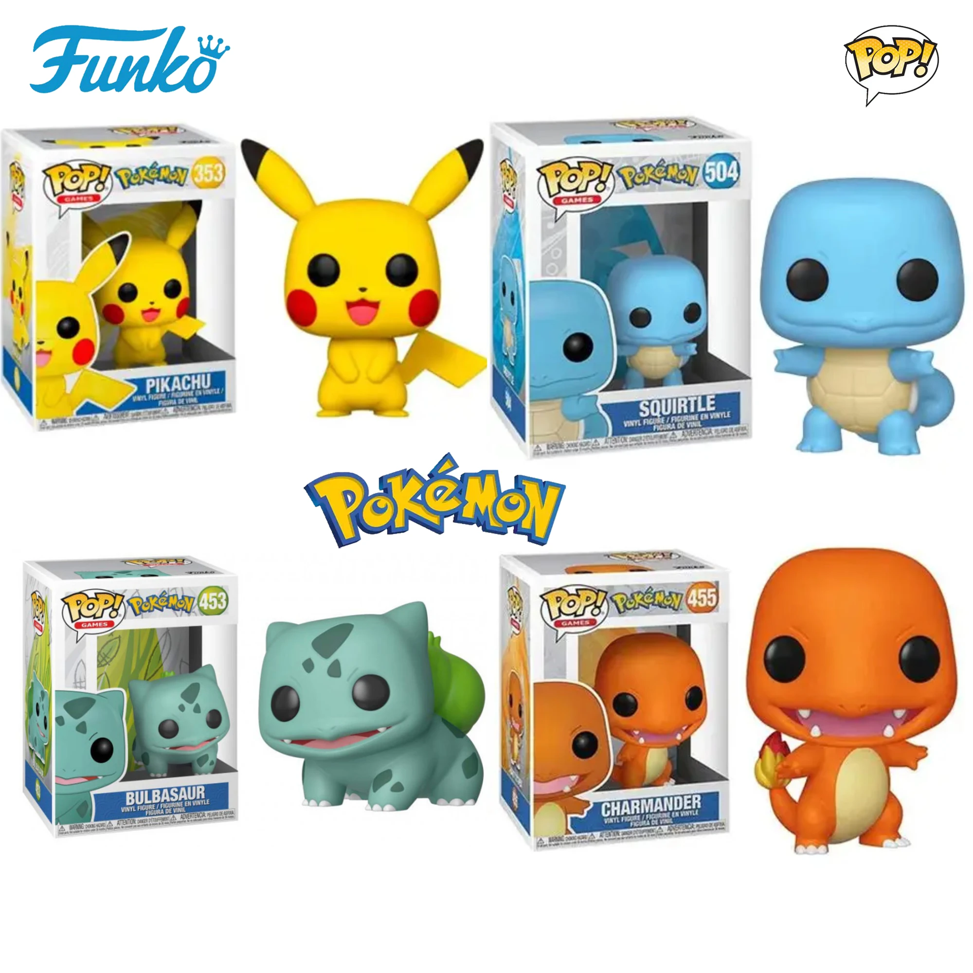 Funko Pop Pikachu 353 #   Bulbasaur 453 #   Charmander 455 #   SQUIRTLE 504 #   Figuras de Vinilo, Muñecos Coleccionables, Modelos para Niños, Regalo