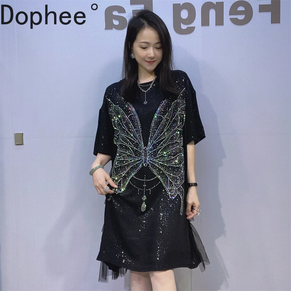 

Luxury Shiny Butterfly Hot Drilling Large Size Women Dress Elegant Mesh Mid-long T-shirt New Spring Summer Loose Banquet Dress