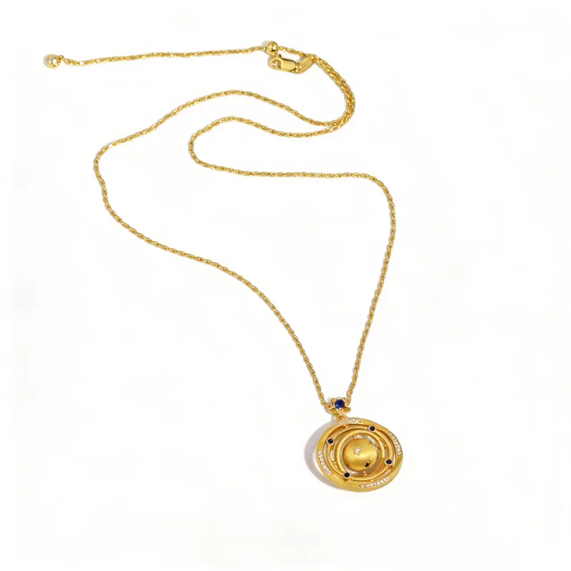 Bellux Pendant Chain Planet Falling Galaxy Rotatable Round Ball Necklace Blue Gems Cute Style Gold Wire drawing Necklace