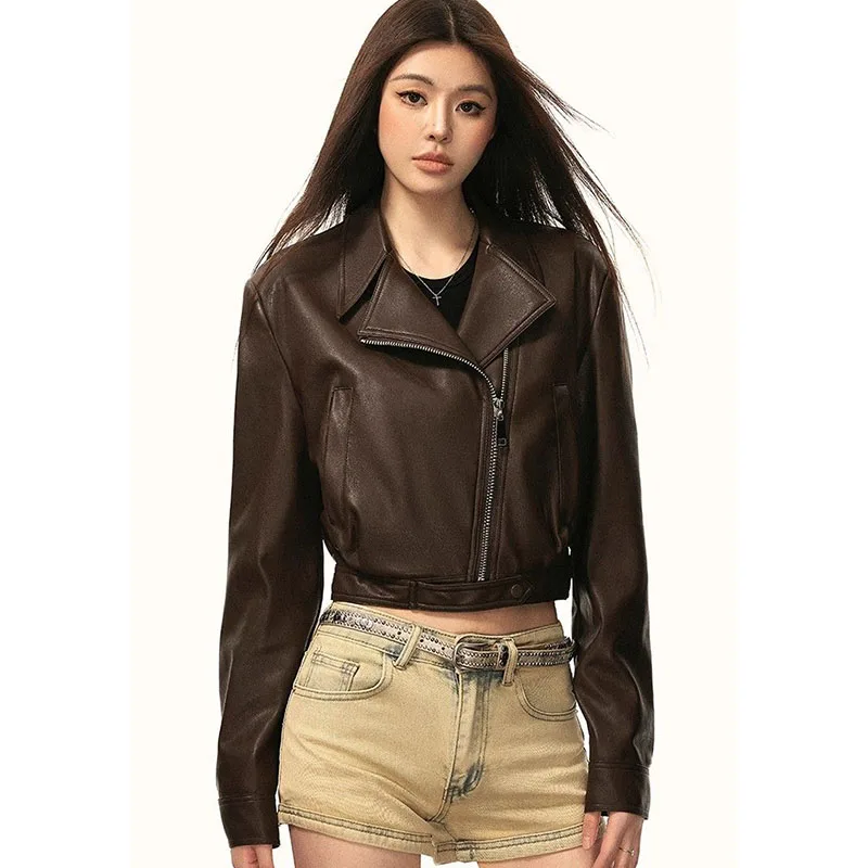 Damen Braune PU-Lederjacke, Kurze Offene Lederjacke, Elegante Hochwertige Vielseitige Trendige Vintage-Oberbekleidung – Detail 18