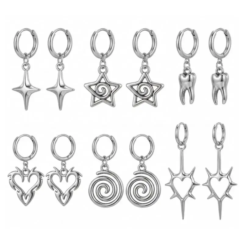 

J78F Distinctive Coil Design Silver Tone Earrings Featuring Star And Heart