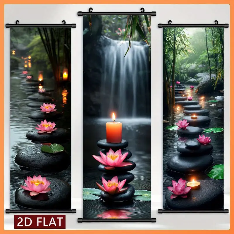 VIKAMA Spa Meditation Lotus Wall Tapestry Zen Stone Candle Waterfall Bamboo Scroll Art Home Decor Retro Style Soft Durable Cozy