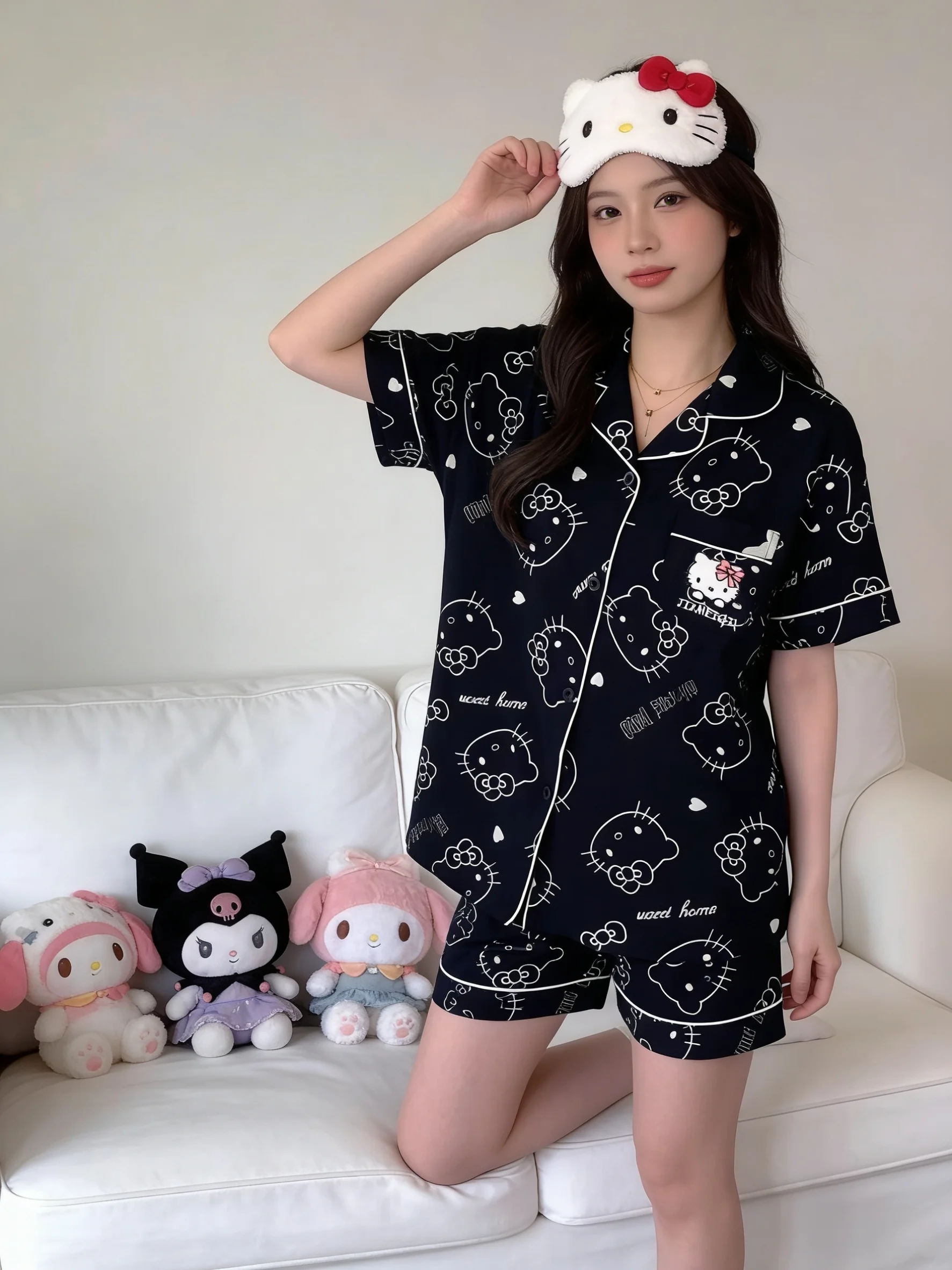 Hello Kitty Spring/Summer New Short-Sleeve Pajama Set, Black Loungewear, Festival Gift, Bestie Outfit, Party Wear