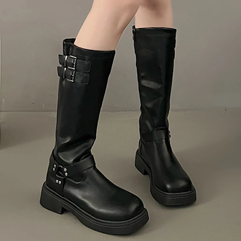 Bottes hautes au genou pour femmes, chaussures à plateforme plate, chaussures de marche décontractées pour femmes, chaussures de voyage pour dames, mode habillée, hiver, nouveau, 2024