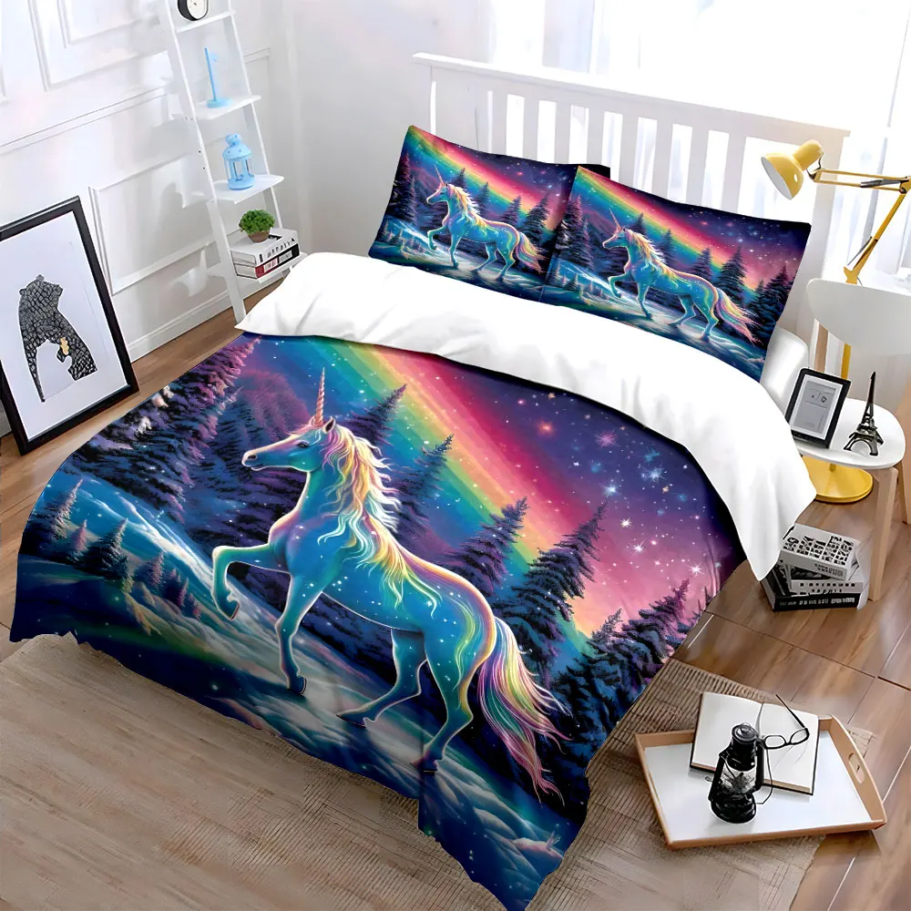 Dreamy Unicorn and Rainbow Forest Printed Duvet Cover Set1 Duvet Cover+2 PillowcaseMulti Size Bedroom Bedding Decor