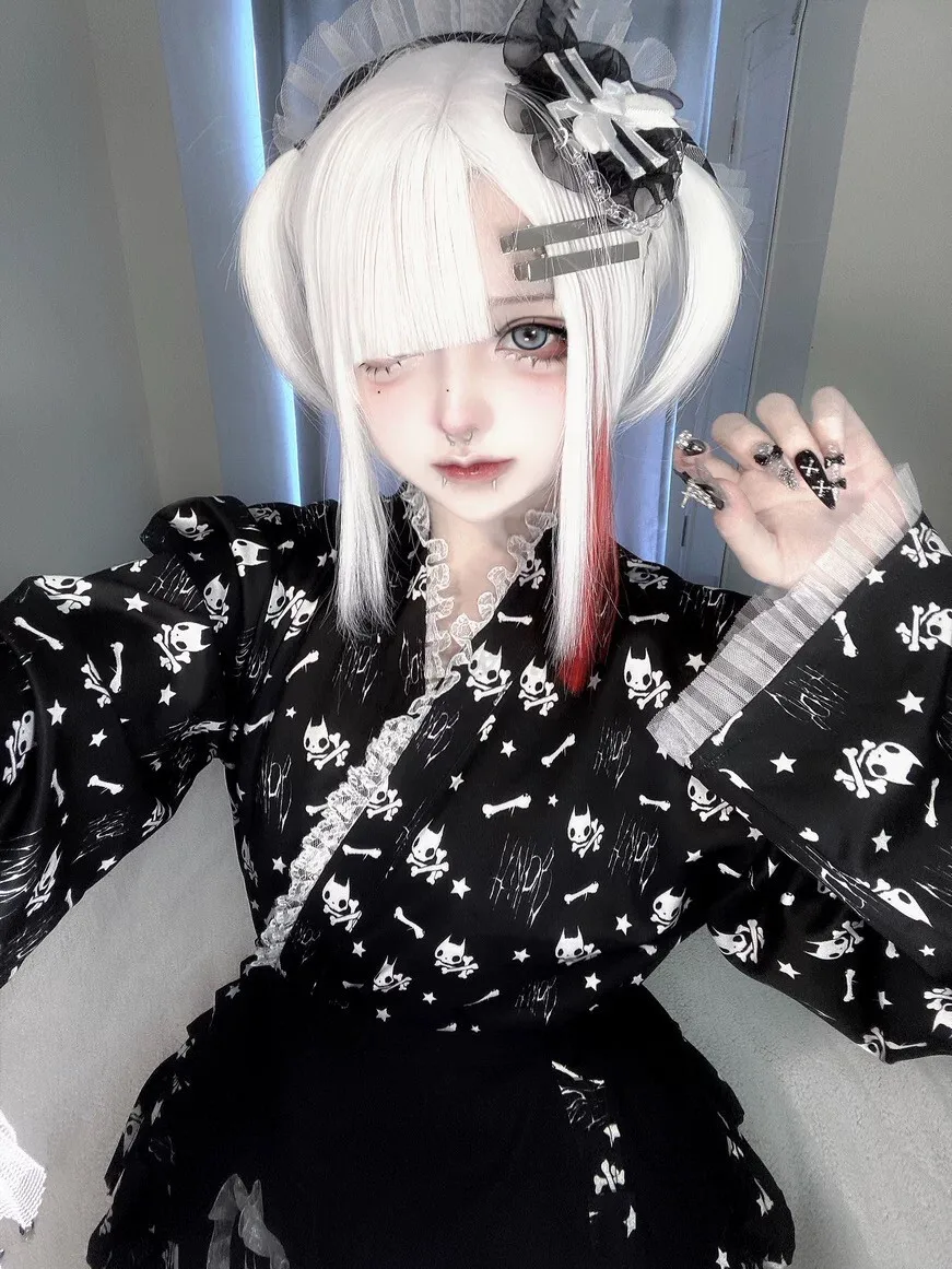 

Original Japanese Light Lolita Set Skeleton Skull Print Cute Black Pink Kimono Apron Ball Gown Skirt and Long Sleeve Top Set