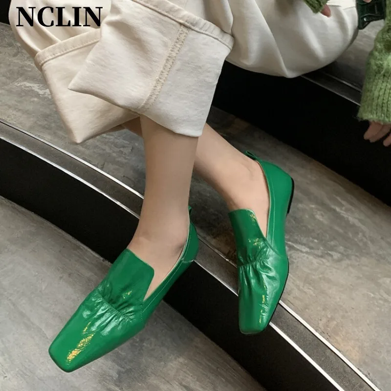 2024 New Genuine Leather Loafers Spring/Autumn Square Toe Chunky Heel Women Flats Shoes for Women Ladies Shoes Comfort Low Heels