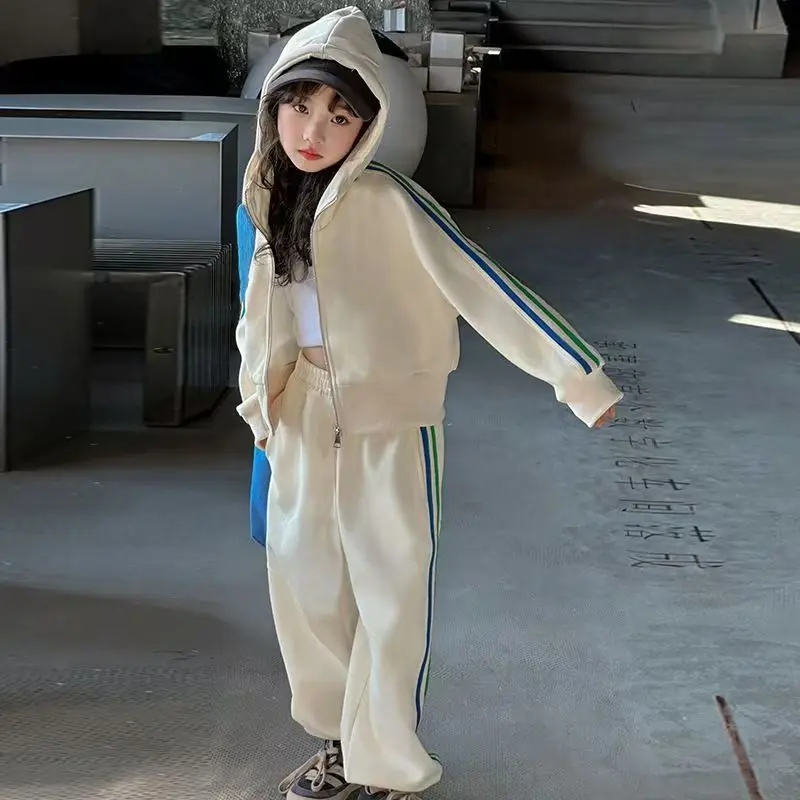 

Girls' 2025 spring new Korean-style children's trendy hooded jacket and two-piece sportswear for little girls trendy 4-14Years