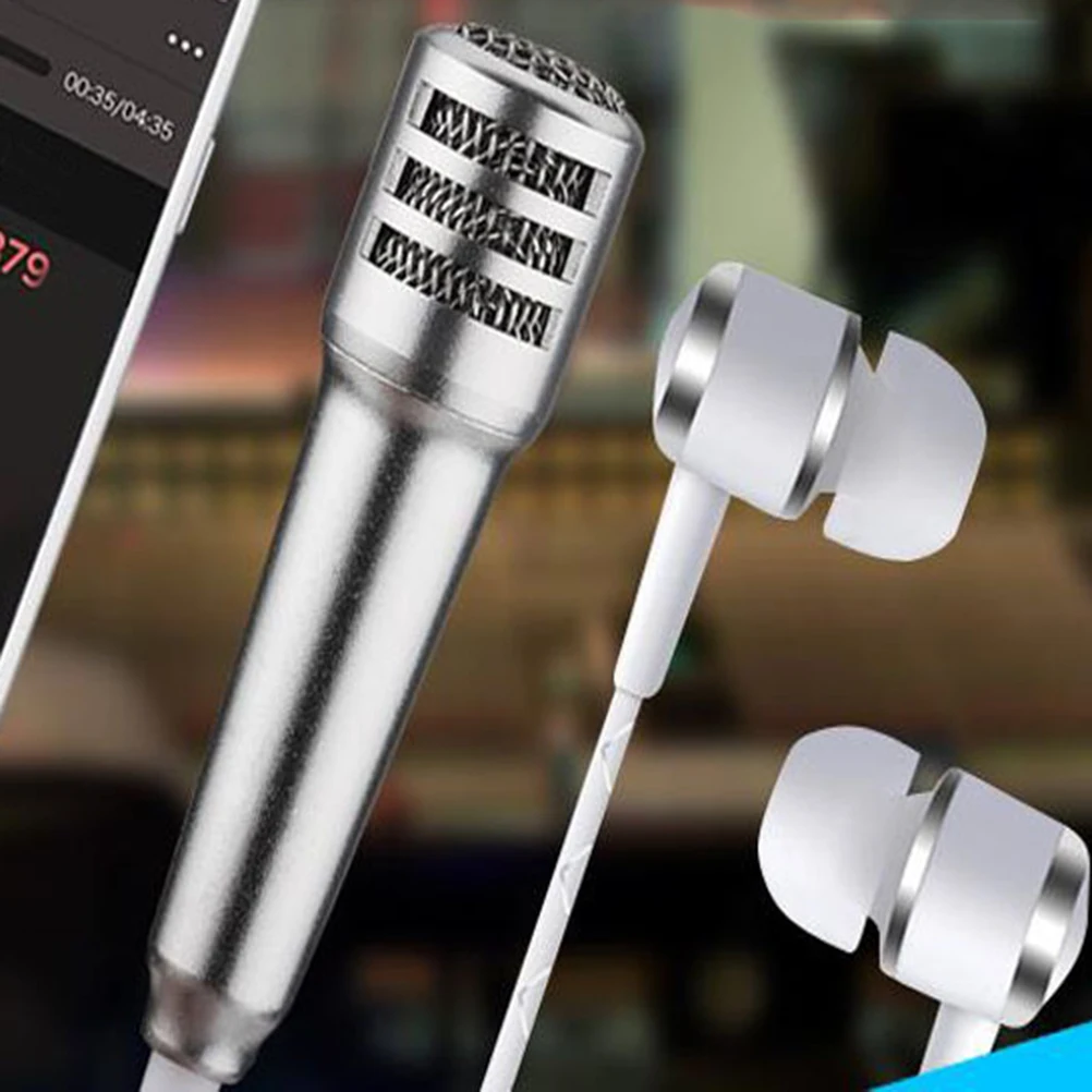 

Mini Karaoke Microphone With Headphones For Phone Silver Super Light Portable Condenser Mic For Voice Recording Chatting