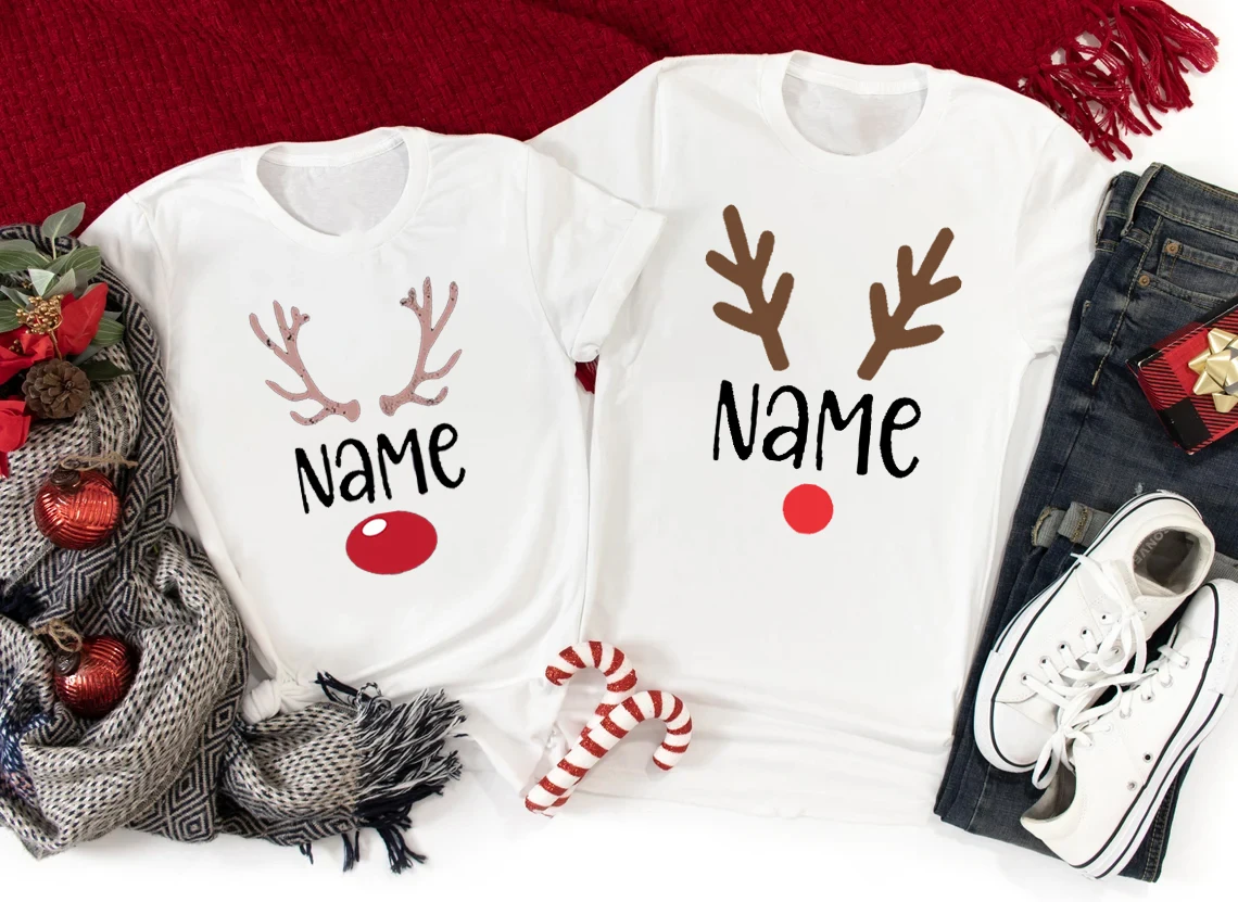 Christmas Customized Print T-Shirt DIY Name Women Reindeer Name Family Matching T-Shirt Personalized Reindeer Family Shirts