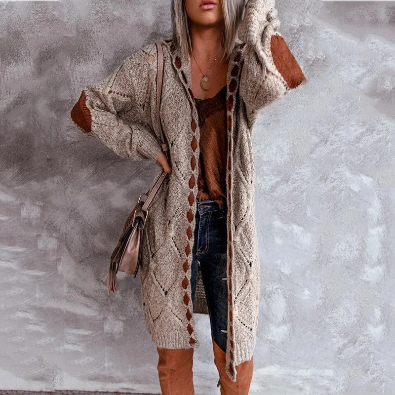 

Vintage Casual Hooded Long Cardigan 2025 Autumn/Winter Knitted Sweater Brown Coat Oversized Jacket Streetwear Spliced Lace-up