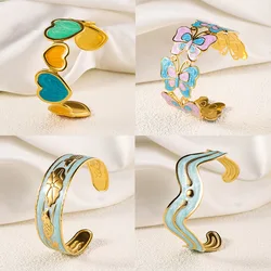 Retro Stainless Steel Painted Cuff Bracelet Simple Flower Butterfly Bangles For Women Trendy Plated 18k Gold Color Jewelry