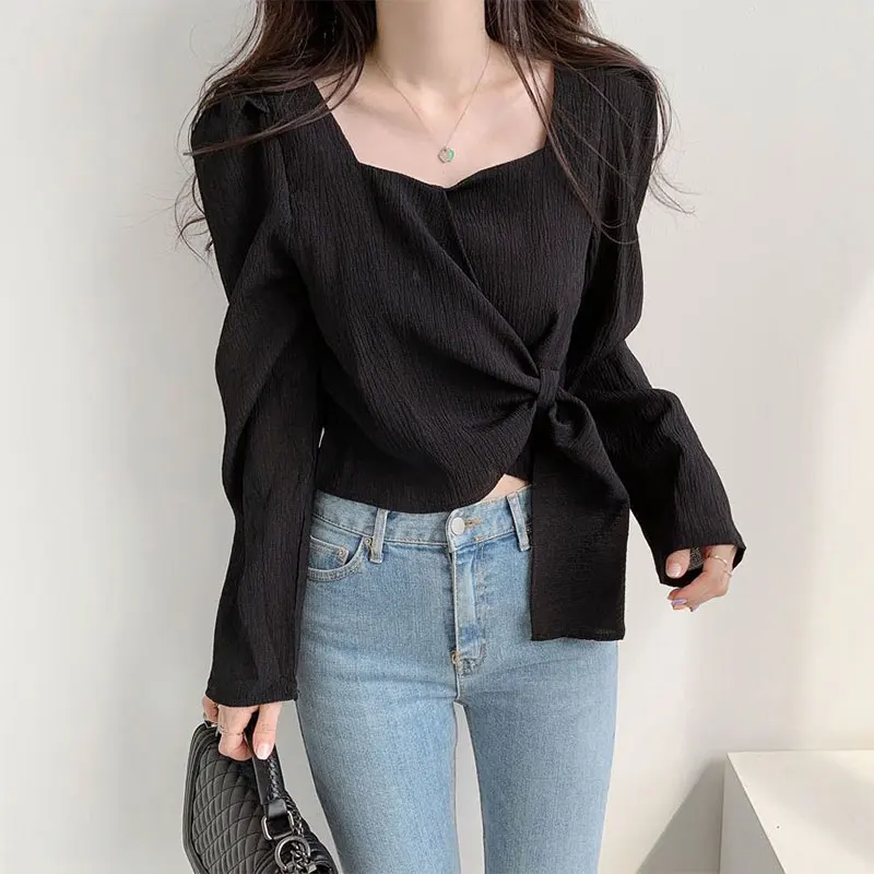 Women\'s Spring Fashion Simplicity Solid Color Square Collar Long Sleeve Shirts Women Clothes Elegant Temperament Casual Tops