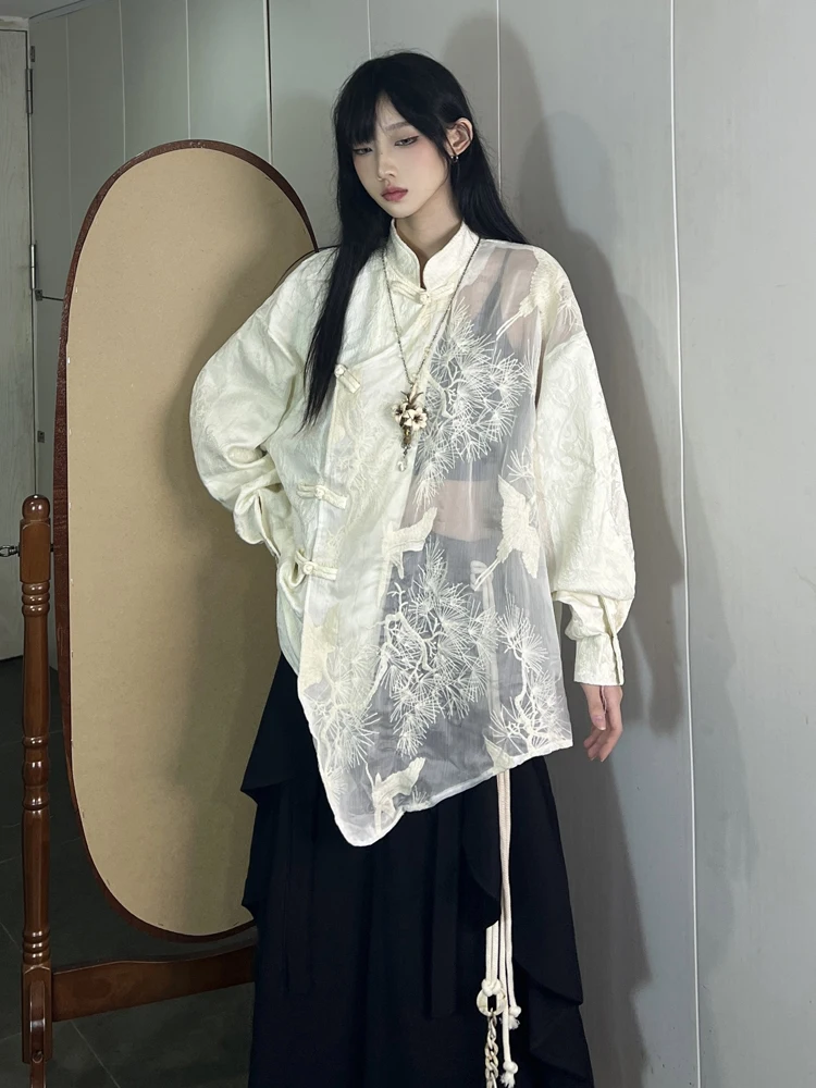 

FG72 New Chinese Sle Women's Long Sve Embroidered Floral irt Original Design Loose Fit Button up Casual irt