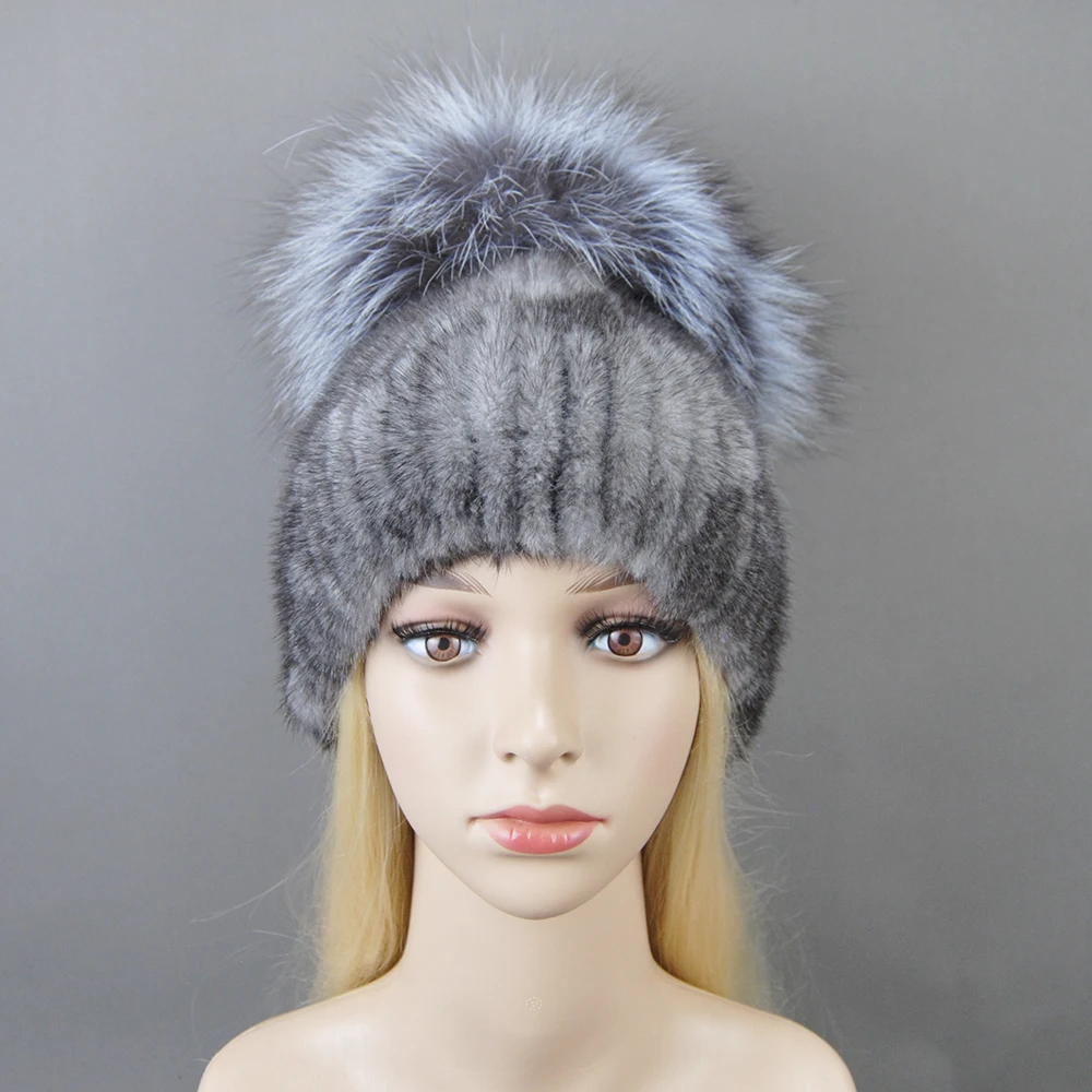 2024 New Luxury Women Winter Mink Fur Hats Knitted Real Mink Silver Fox Fur Caps Female Russian Winter Warm Real Fur Beanies Hat