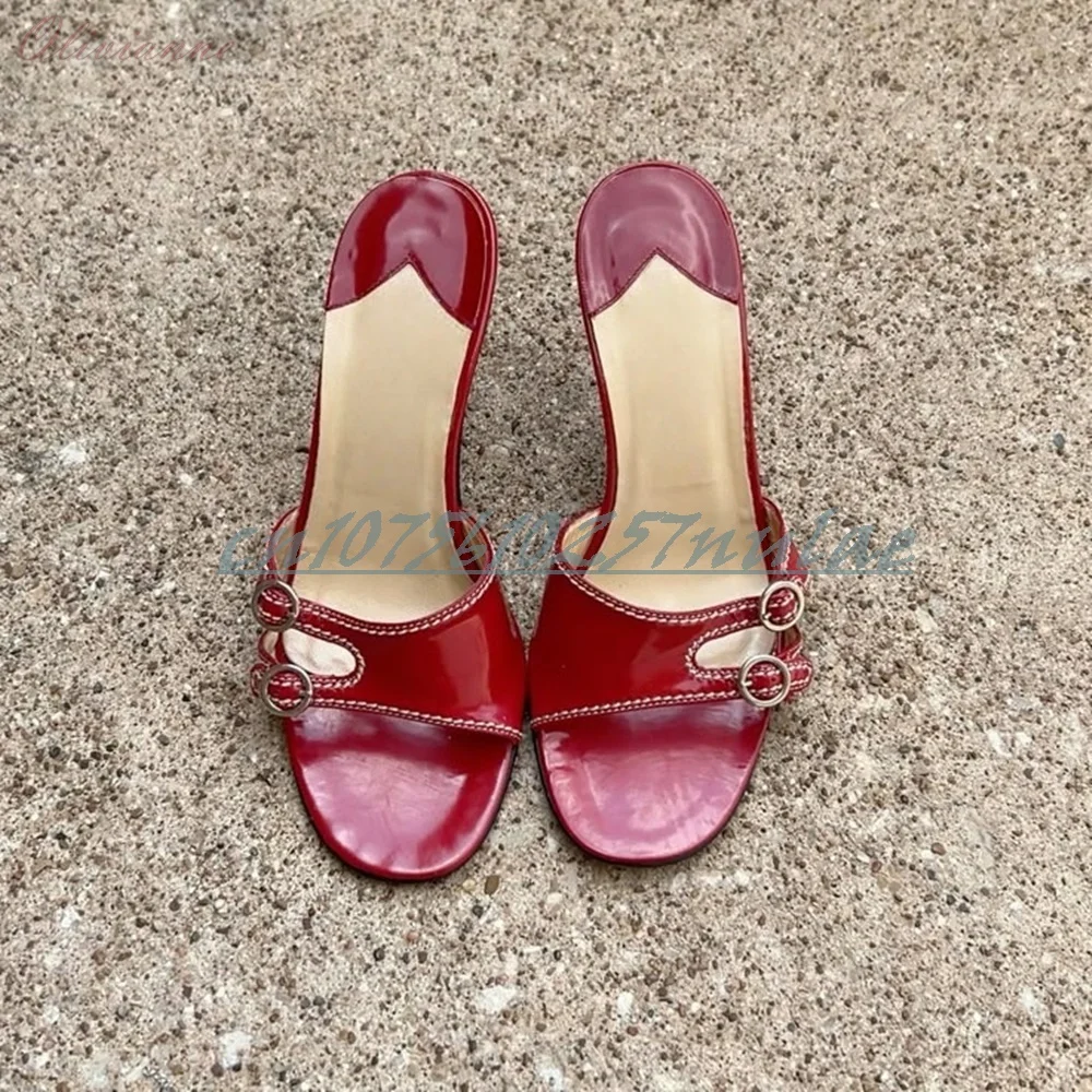 

Big Red Belts Strap Open Toe Slippers Matte Leather Wedding Stiletto High Heel Party Sexy 2025 Summer Women Shoes Para Mujere