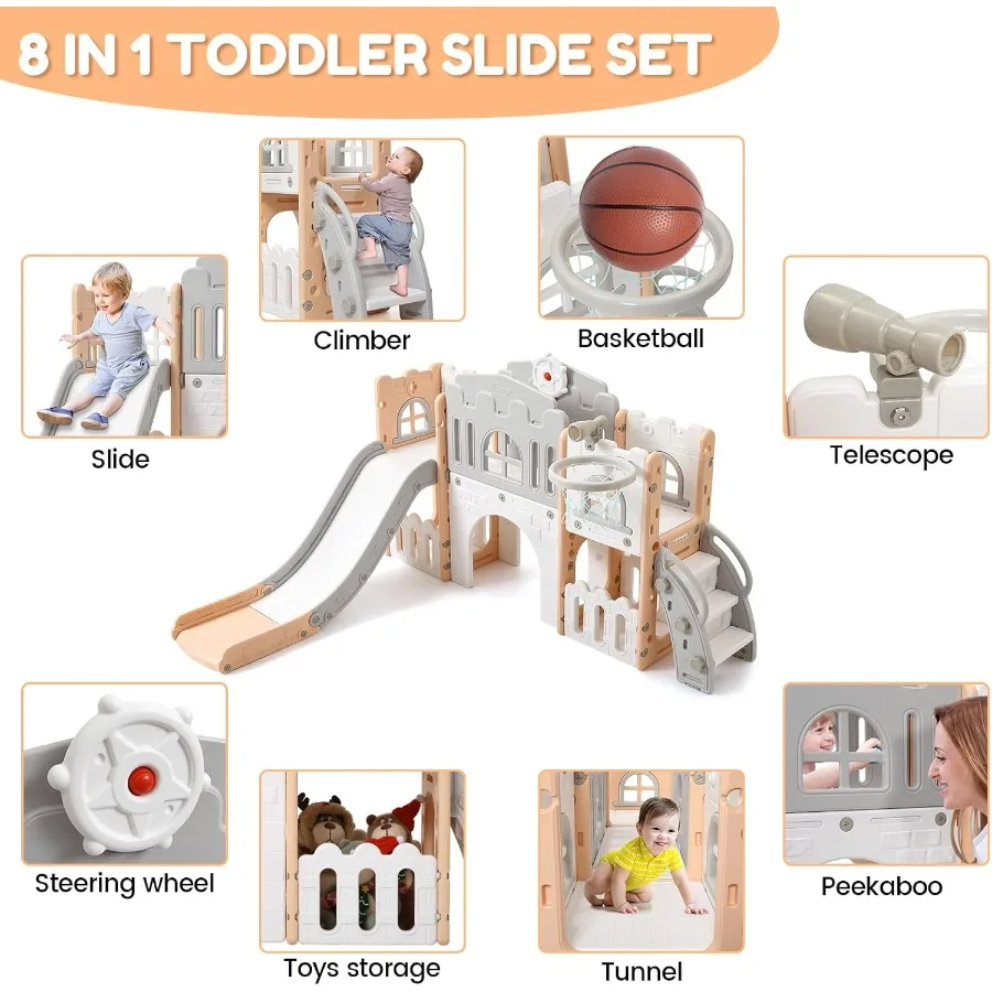 مجموعة ألعاب منزلق للأطفال الصغار 8 في 1، مجموعة ألعاب داخلية للأطفال الصغار لـ 1-3 أطفال خارجية مع نفق متسلق منزلق وكرة السلة #6