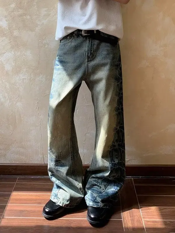 

Мужские джинсы в стиле ретро с эффектом тай-дай, свободные, широкие штанины, повседневные, винтажный вид, удобная посадка, средняя талия, застежка на пуговицы
