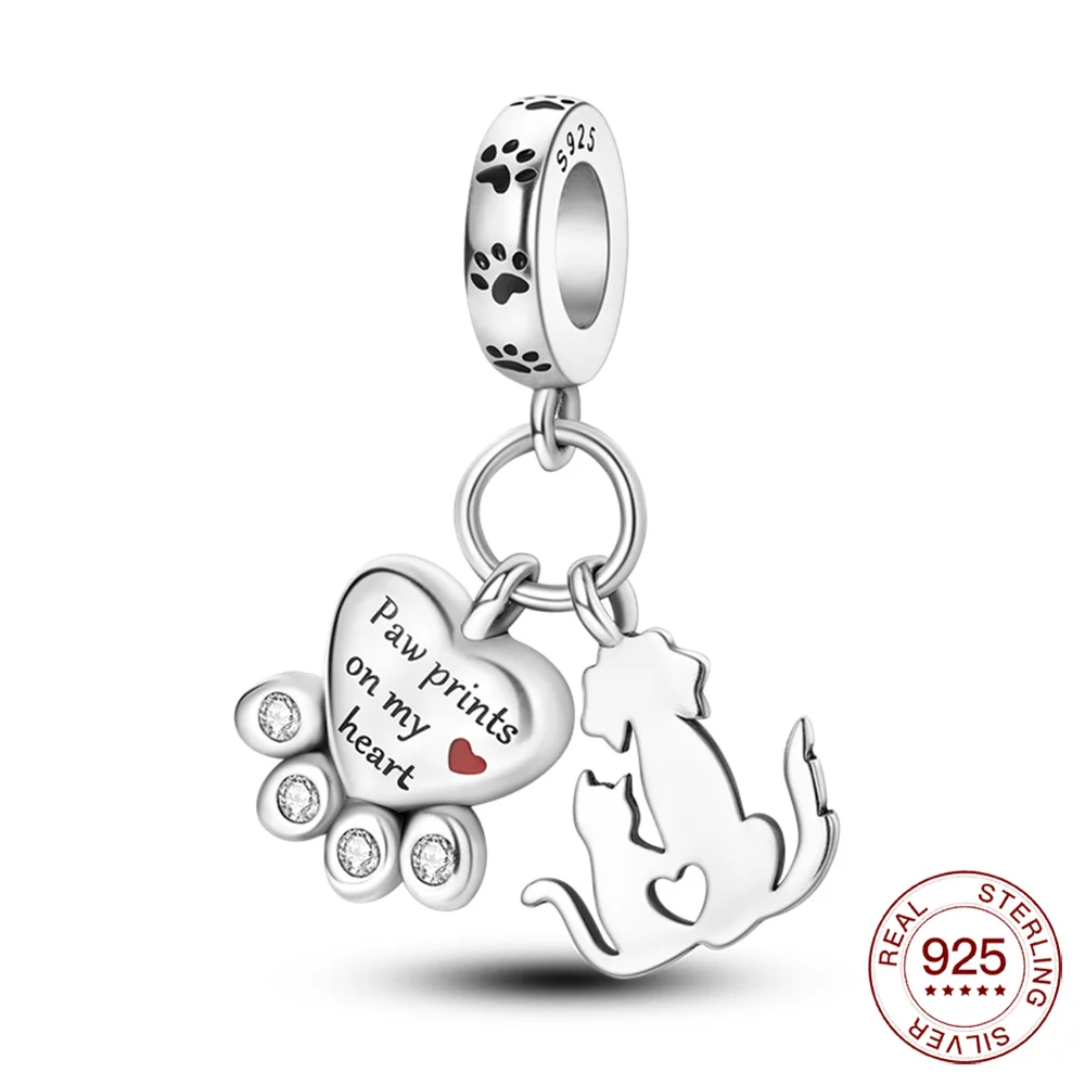 Silver Charm 925 Footprint Dog And Cat Double Dangle Charm For Moment Bracelet Friends Mom Mom Gift Sale