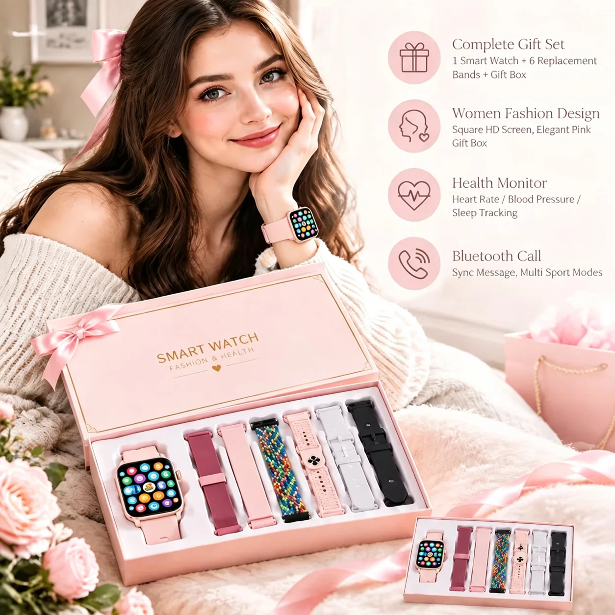Orologio Intelligente Confezione Regalo, 6 Cinturini Intercambiabili, Chiamata Bluetooth, Monitor Battito Cardiaco, Ossigeno nel Sangue e Sonno, Oltre 100 Modalità Sportive, Orologio Fitness IP67
