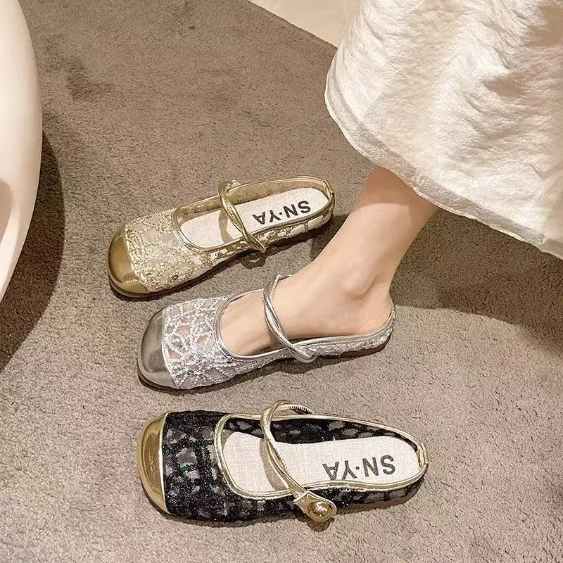 Chinelo feminino de malha de renda de verão oco com glitter meia chinelo ao ar livre chinelo feminino senhoras slides