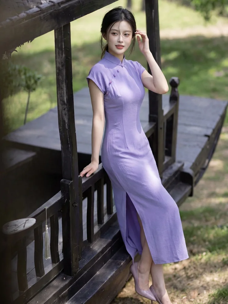 Purple Modified Solid Color Long Qipao Women's 2026 Spring New Style Girl Sleeveless Young Qipao Dress