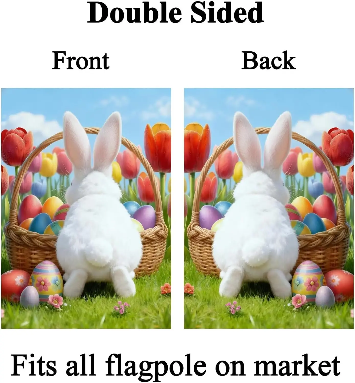 Cute Fluffy Rabbit Basket with Easter Eggs Tulip Flowers Grass Field House Flag 28