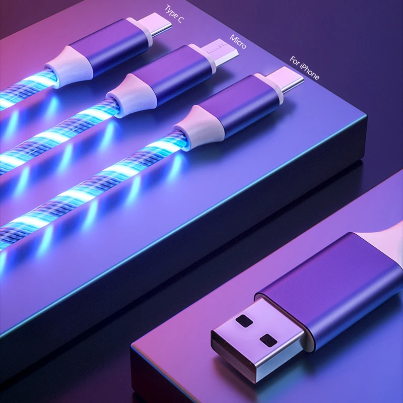 Светящийся светодиодный USB-кабель 3 в 1, зарядное устройство для быстрой зарядки телефона, светящийся кабель типа C для Xiaomi, Iphone, Samsung, аксессуары для телефонов