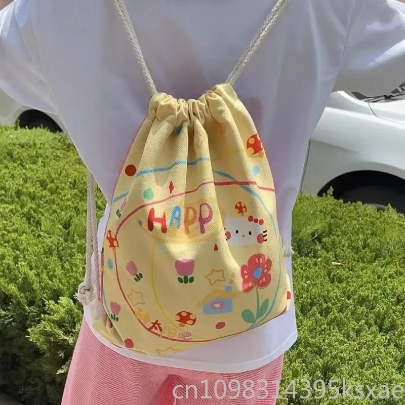   헬로 키티 드로스트링 백팩 여성용 가방 양면에 패턴이 있는 카와이 백팩 경량 옥스포드 패션 캐주얼
