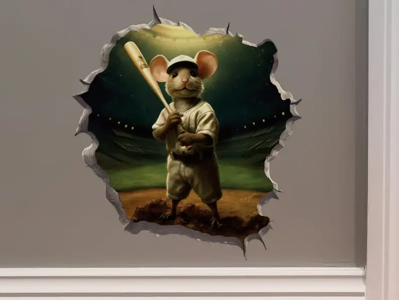 Baseball Mouse in Mouse Hole Decal - Mouse Hole 3D Wall Sticker