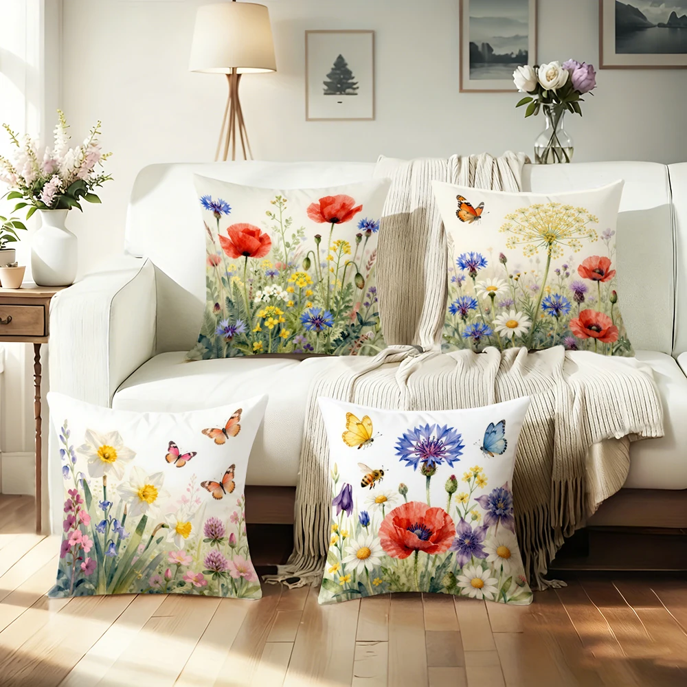 1/4pcs Floral Print Pillowcases with Butterflies and Bees Sofa cushion cover home bedroom room decoration