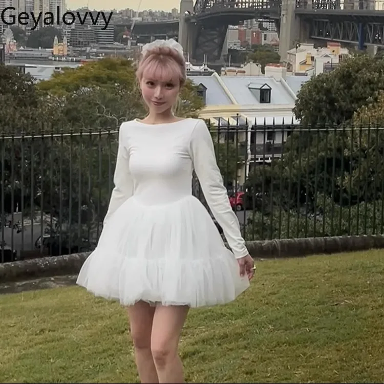 

Japanese High-waisted Tulle Splicing Slim-fitting Long-sleeved Dress Spring Versatile Solid Color Round Neck Tutu Short Dresses