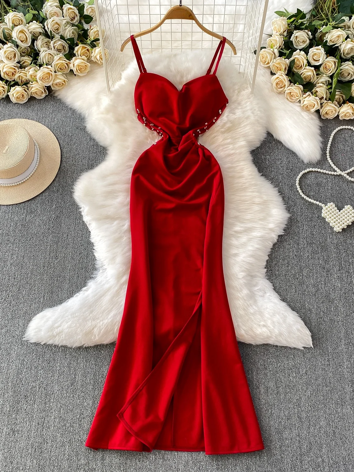 

Сексуальное женское платье с V-образным вырезом на бретельках высокого класса, длинное платье с разрезом и поясом, украшенное бриллиантами